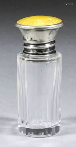 A George VI silver and enamel mounted slice cut glass scent bottle, the lid with yellow guilloche