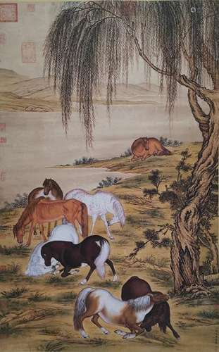 CHINESE INK AND COLOR HORSES SCROLL PAINTING