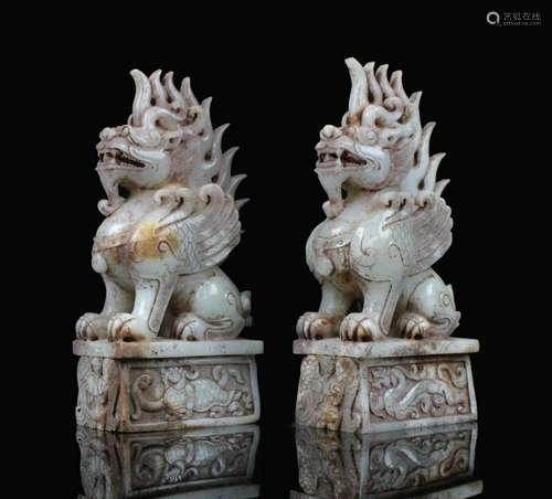 CHINESE CELADON JADE BEASTS, PAIR