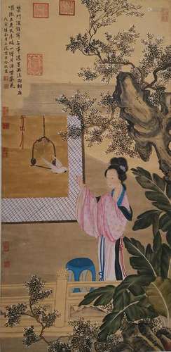 CHINESE INK AND COLOR FIGURAL SCROLL PAINTING