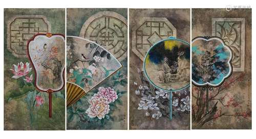 CHINESE INK AND COLOR FLOWERS PAINTINGS, SET OF 4