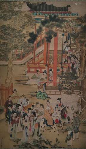 CHINESE INK AND COLOR FIGURAL SCROLL PAINTING