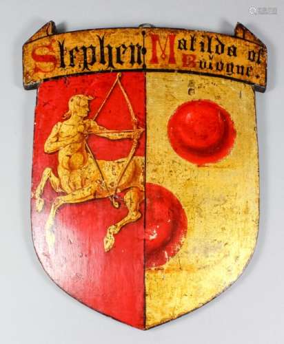 A late 19th Century painted and gilt shield bearing the arms of King Stephen and Matilda, the
