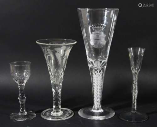 GEORGE III WINE GLASS, circa 1760, the ogee bowl with faceted base above a knopped, faceted stem and