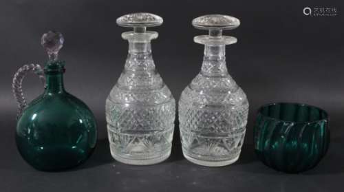 PAIR OF GEORGIAN DECANTERS AND STOPPERS, of mallet form with banded decoration and mushroom