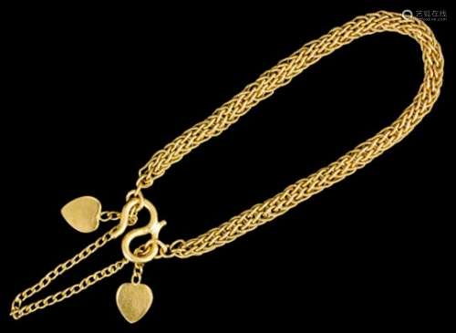 A gold coloured metal rope twist pattern bracelet, the S-scroll clasp hung with two small heart