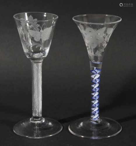 ENGLISH JACOBITE STYLE WINE GLASS, the trumpet shaped bowl engraved with a rose and moth on a blue