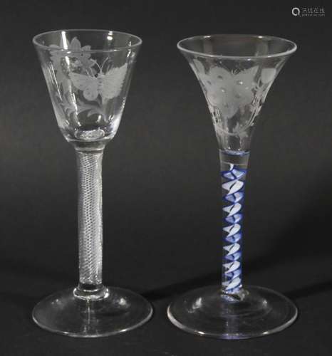 ENGLISH JACOBITE STYLE WINE GLASS, the trumpet shaped bowl engraved with a rose and moth on a blue