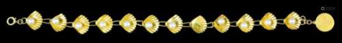 A modern 14ct gold bracelet in the form of twelve shells, each set with a cultured pearl (one