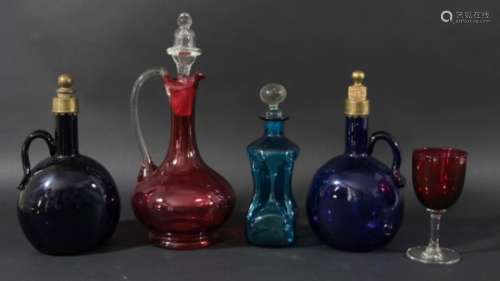 COLLECTION OF COLOURED GLASSWARE, mainly Victorian, to include 'Bristol' blue decanters, cranberry