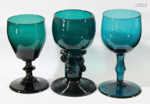 COLLECTION OF TWELVE 'BRISTOL' GREEN GLASSES, two include four with a funnel bowl, four roemers, a