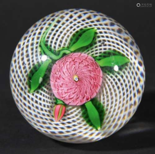 ST LOUIS POMPOM PAPERWEIGHT, mid 19th century, a central pink flower head with a side bud and four