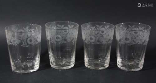 FOUR LARGE TUMBLERS, with moulded sides and stylised floral engraved decoration, 12.5cm (4)