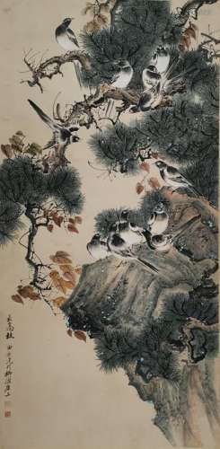 CHINESE INK AND COLOR BIRDS SCROLL PAINTING