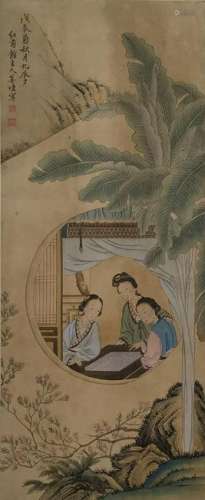 CHINESE INK AND COLOR FIGURAL SCROLL PAINTING
