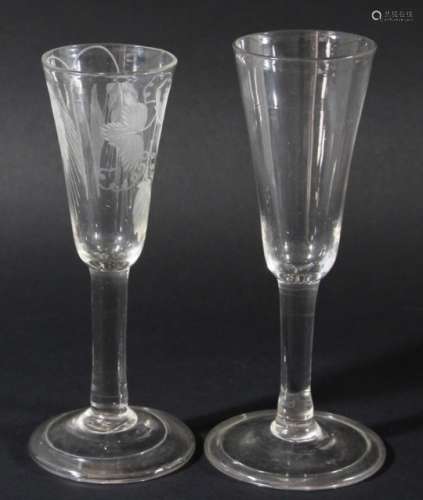 TWO ALE GLASSES, late 18th century, one bowl with engraved hops and barley, on plain stems and