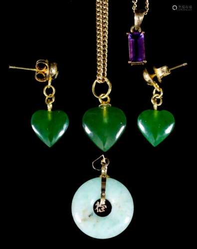 A jade heart shaped pendant, 10mm x 10mm, on 9ct gold fine chain, and a pair of matching earrings (