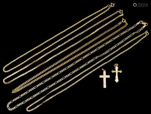 Five 9ct gold chains, various designs and sizes, and two 9ct gold cross pendants (gross weight 38.