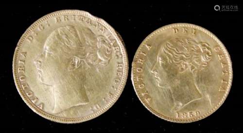 A Victorian 1872 (young head) Sovereign (fair/fine with gouge), and a Victoria 1859 shield back (