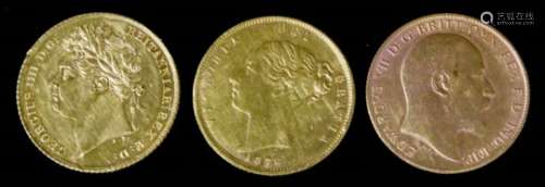 Three half Sovereigns - George IV 1825 (VF with edge knocks), Victoria 1876 (fine with edge knocks),