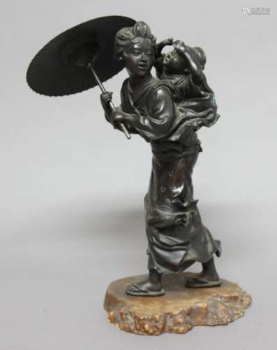 JAPANESE BRONZE GROUP, Meiji, a young lady carrying a child on her back and a parasol, three