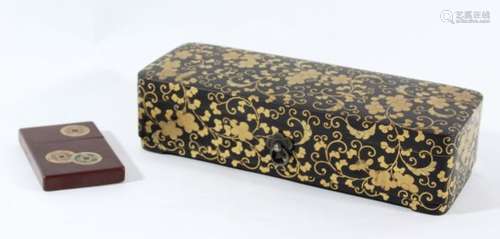 JAPANESE LACQUER CARD CASE, with gilt decoration of coins on a brown ground, height 8.5cm;