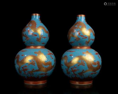 CHINESE FAMILLE ROSE DOUBLE GOURD VASES, PAIR