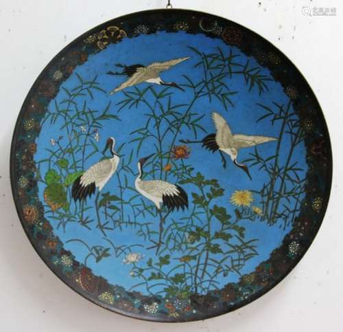 LARGE JAPANESE CLOISONNE CHARGER, 19th century, decorated with white cranes amongst bamboo and other