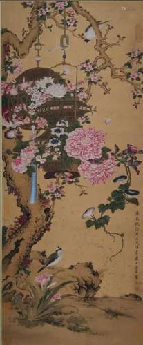 CHINESE INK AND COLOR FLORAL SCROLL PAINTING