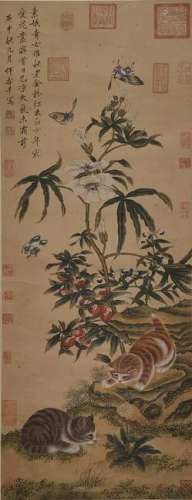 CHINESE INK AND COLOR FLORAL SCROLL PAINTING