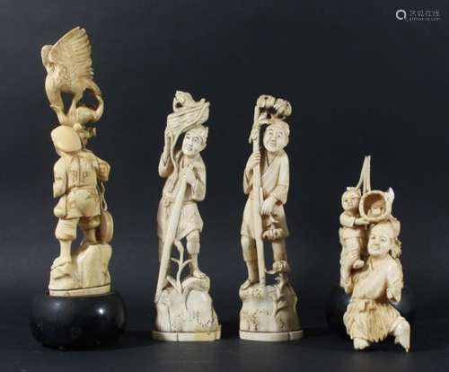 GROUP OF FOUR JAPANESE CARVINGS, circa 1900, probably bone, of men at various activities, some