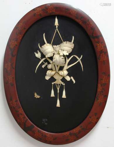 PAIR OF JAPANESE LACQUER AND IVORY PANELS, 19th century, a lily and foliage in hanging baskets, a