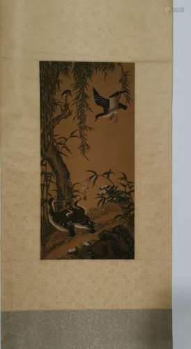 CHINESE INK AND COLOR DUCKS SCROLL PAINTING