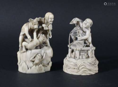 TWO JAPANESE IVORY OKIMONO, 19th century, the first carved as a man and three monkeys on a tree