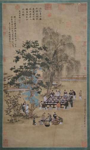 CHINESE INK AND COLOR FIGURAL SCROLL PAINTING