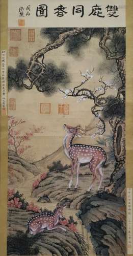 CHINESE INK AND COLOR DEER SCROLL PAINTING