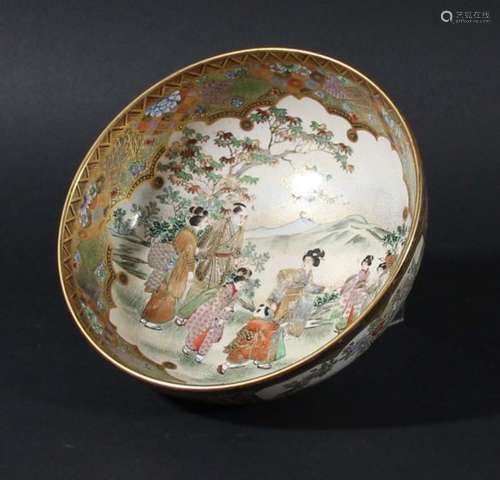 JAPANESE SATSUMA BOWL, Meiji, a scene of figures in a garden before mountains inside a panelled