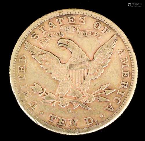 A USA 1882 gold Coronet Eagle (weight 16.7 grammes - fine with slight scuff marks)