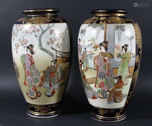 PAIR OF JAPANESE SATSUMA VASES, Meiji, painted with figural scene on a blue and tooled gilt