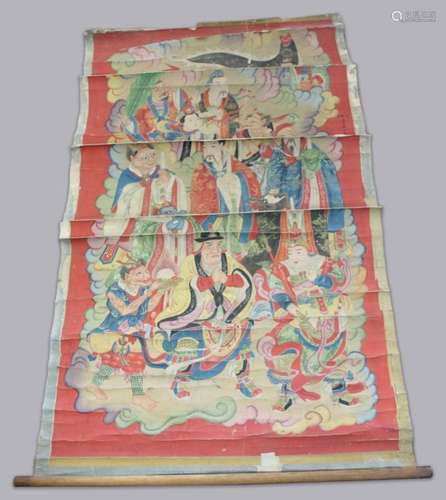 SOUTH EAST ASIAN SCROLLING PAINTING, depicting various figures, Immortals and beasts, gouache with