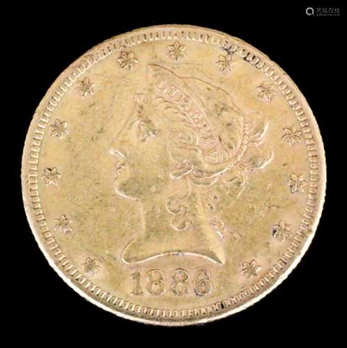 A USA 1886 gold Coronet Eagle (mint mark S), (weight 16.7 grammes - fair/fine with scuff marks)