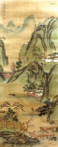 TWO CHINESE SCROLL PAINTINGS, 19th and 20th century, to include a mountain landscape scene, with