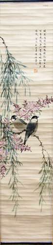 MANNER OF REN BONIAN, Birds in flowering branches, pair, with inscription and red seals, length of