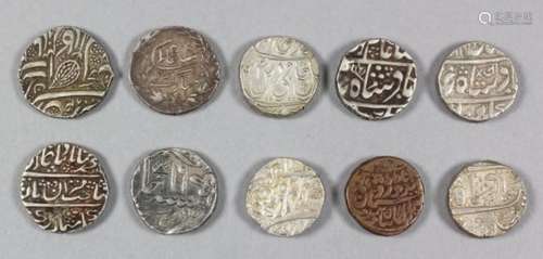 A collection of ten Indian silver rupees (Jaisalmir, Jaipur, Indore, Jat, Jodhpur, Kishangar and