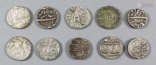 A collection of ten Indian silver rupees (Alambia, Alwar, Awadh, Bundi, Alyjah, Hyderabad, Mahcattas