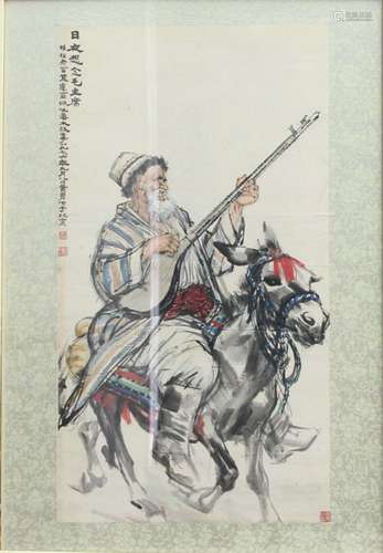 AFTER HUANG ZHOU, Mongolian peasant on a donkey, playing a guitar, watercolour, black inscription