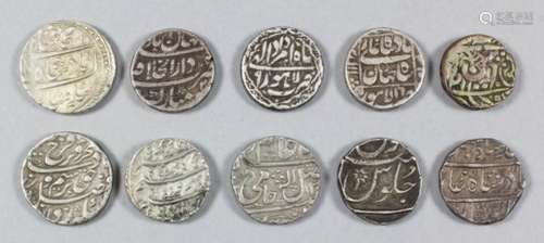 A collection of ten Indian silver rupees (Orchwa, Lahore, Bahadur, Gwalior and Mumbai), 19-23mm