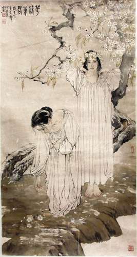 AFTER HE JIAYING, Two young ladies in diaphanous gowns before a flowering prunus tree, a printed