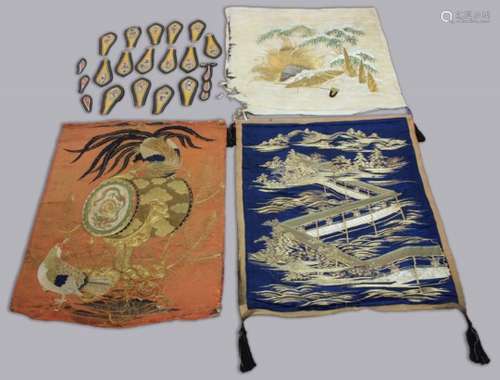 COLLECTION OF CHINESE SILK AND GILT METAL THREAD PANELS, late 19th and 20th century, to include a