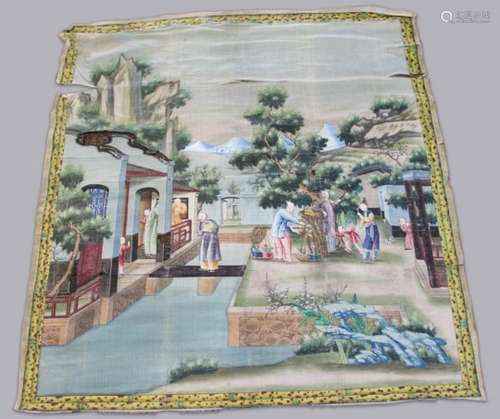 CHINESE PAINTED SILK PANEL, late 19th century, depicting figures, children and animals in a lakeside